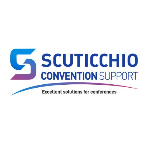 Scuticchio Convention Support logo with slogan Excellent solutions for conferences in blue and purple gradient.